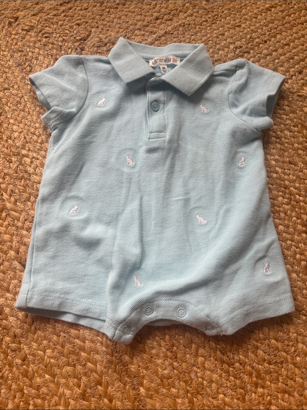 Light Blue Baby Polo Romper with Embroidered Rabbits, 6 mo